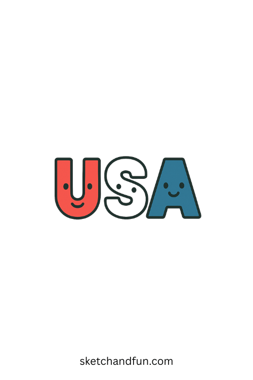 4th of July Drawing Ideas For Kids, USA Letters with Faces
