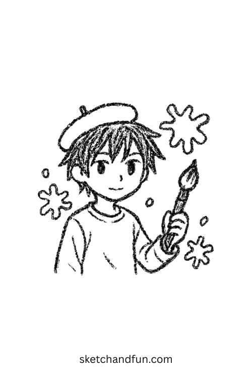 Chibi anime boy holding a paintbrush surrounded by paint splatters, great for anime boy artist character drawings.