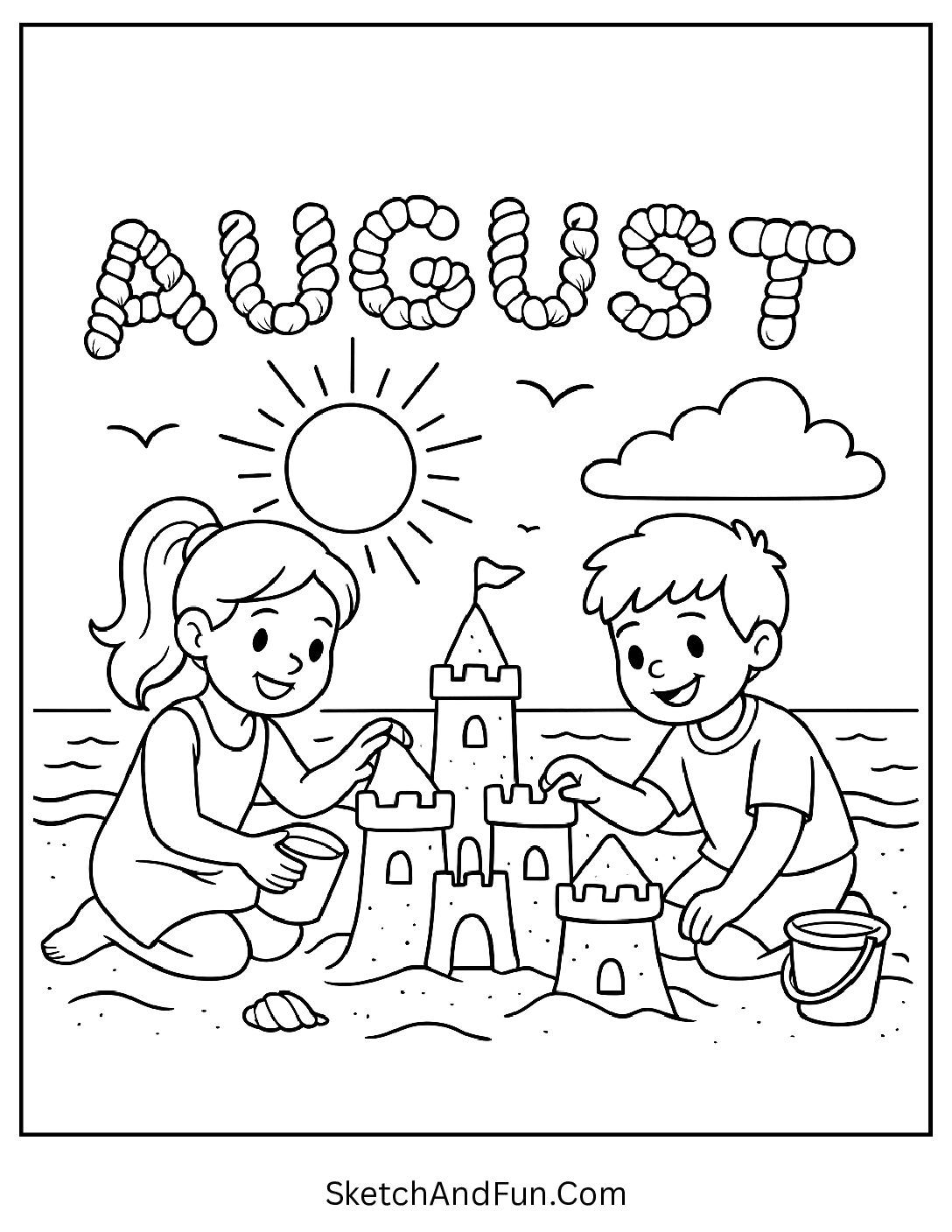 Kids building sandcastles on beach with 'August' spelled in seashells β fun summer coloring page for kids