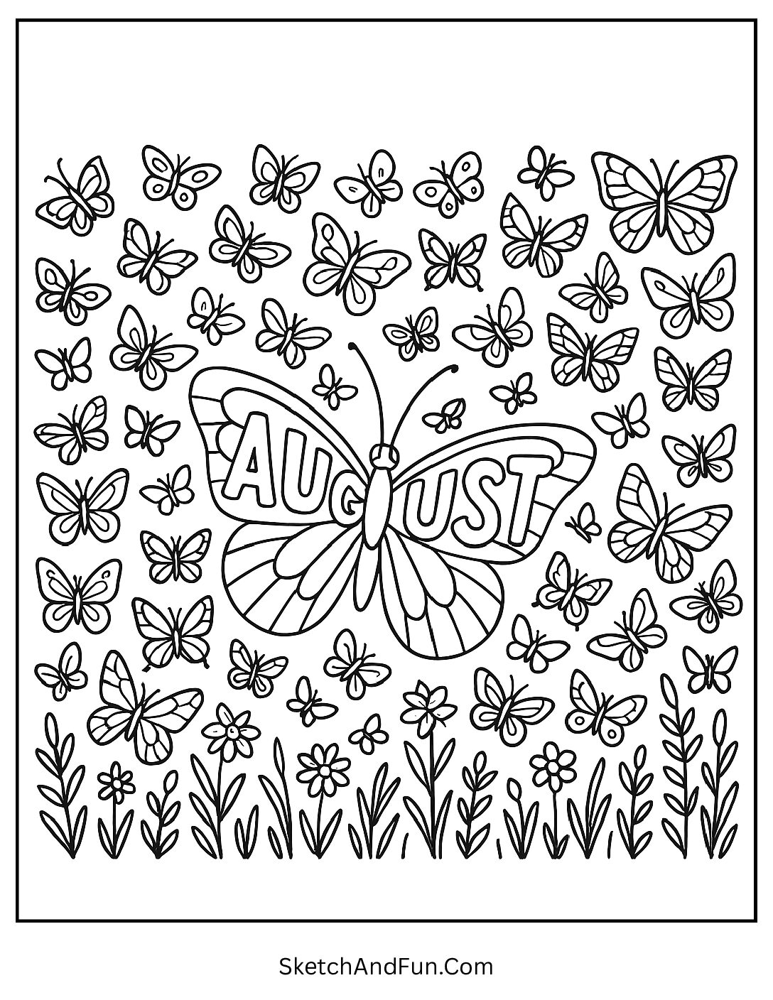 Butterfly meadow with fluttering wings forming 'August' β insect and nature coloring page for kids