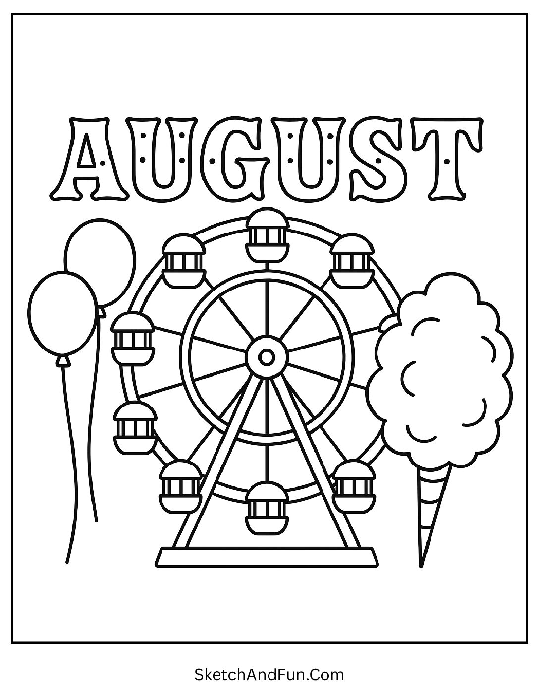 Carnival with ferris wheel and cotton candy, 'August' in circus font β fair-themed kids coloring page