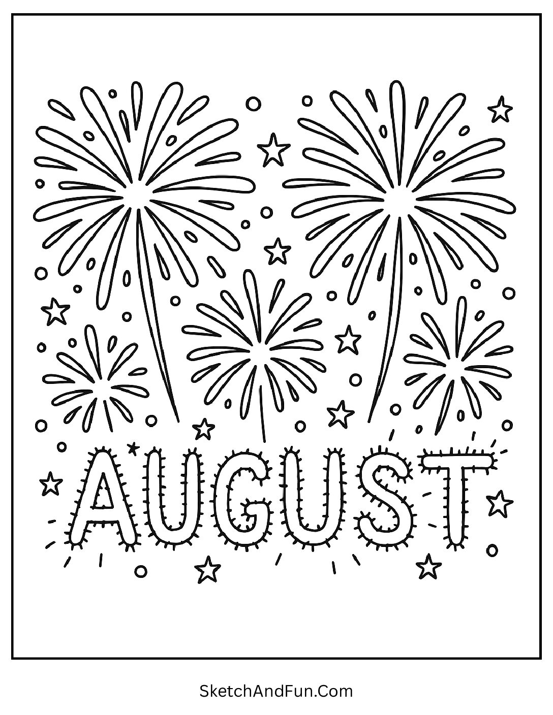 Night sky fireworks with 'August' in sparklers β festive holiday celebration coloring page for kids