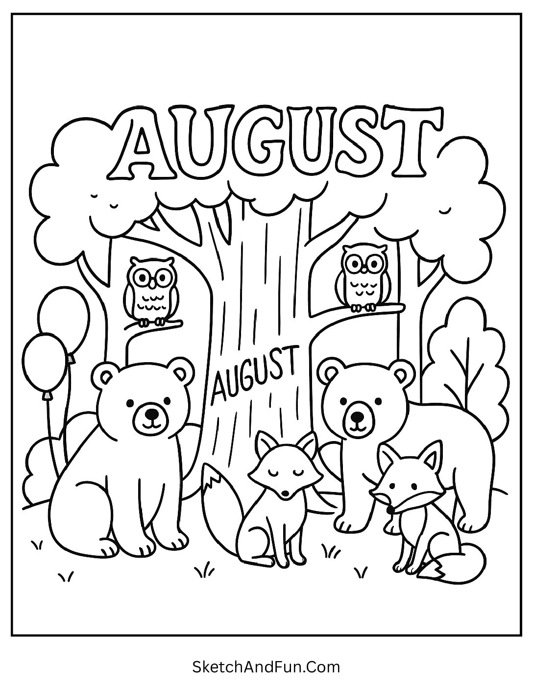 Forest with bears, owls, and 'August' carved into tree bark β woodland animal coloring page for August