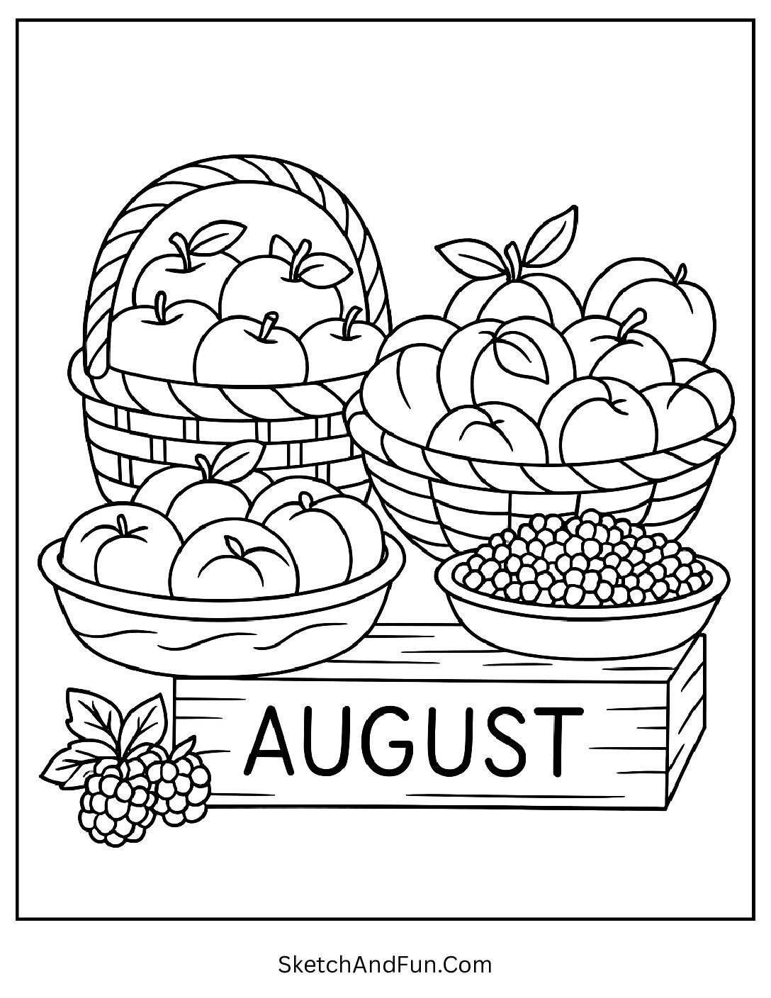 Fruit baskets with apples and peaches labeled 'August' β harvest-themed detailed coloring page for kids