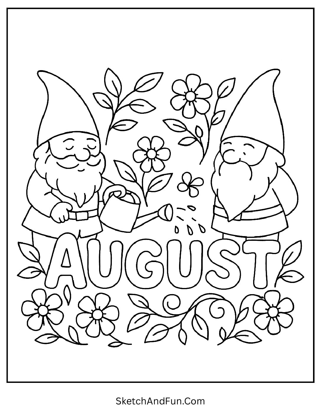 Garden gnomes with watering cans and 'August' in vines β whimsical backyard August coloring page