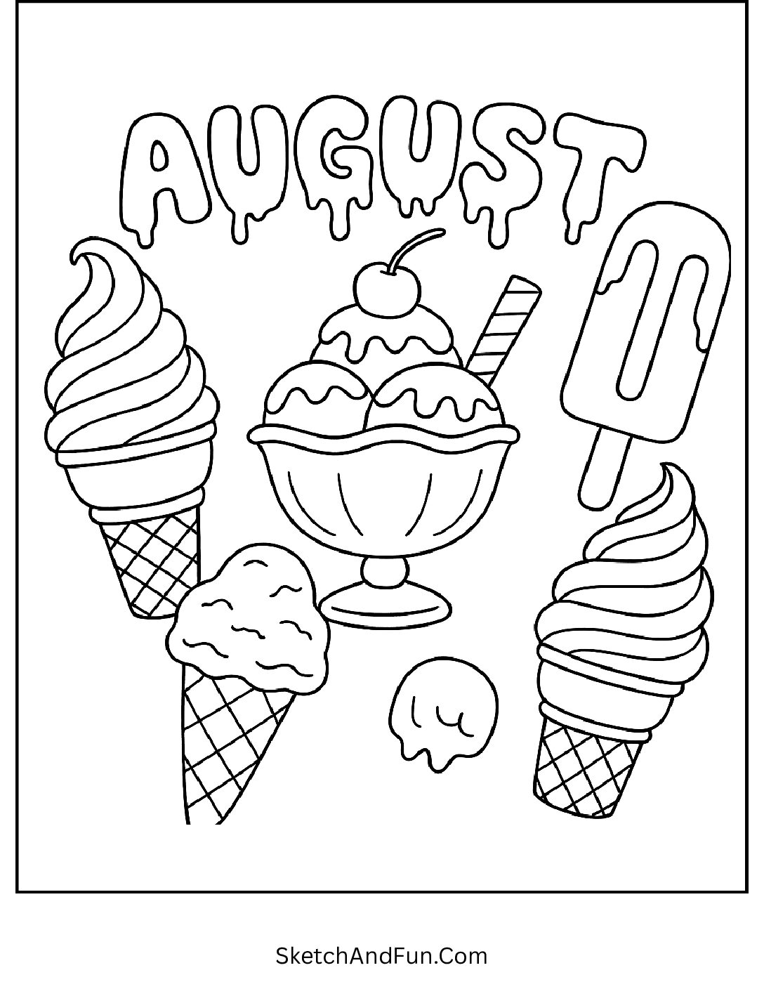 Melting ice cream cones with 'August' letters β sweet summer treat coloring page for August activities