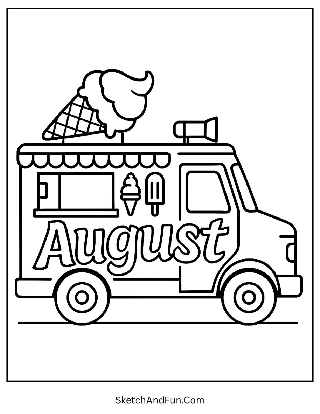 Ice cream truck with 'August' on side β mobile treat-themed summer coloring page for children