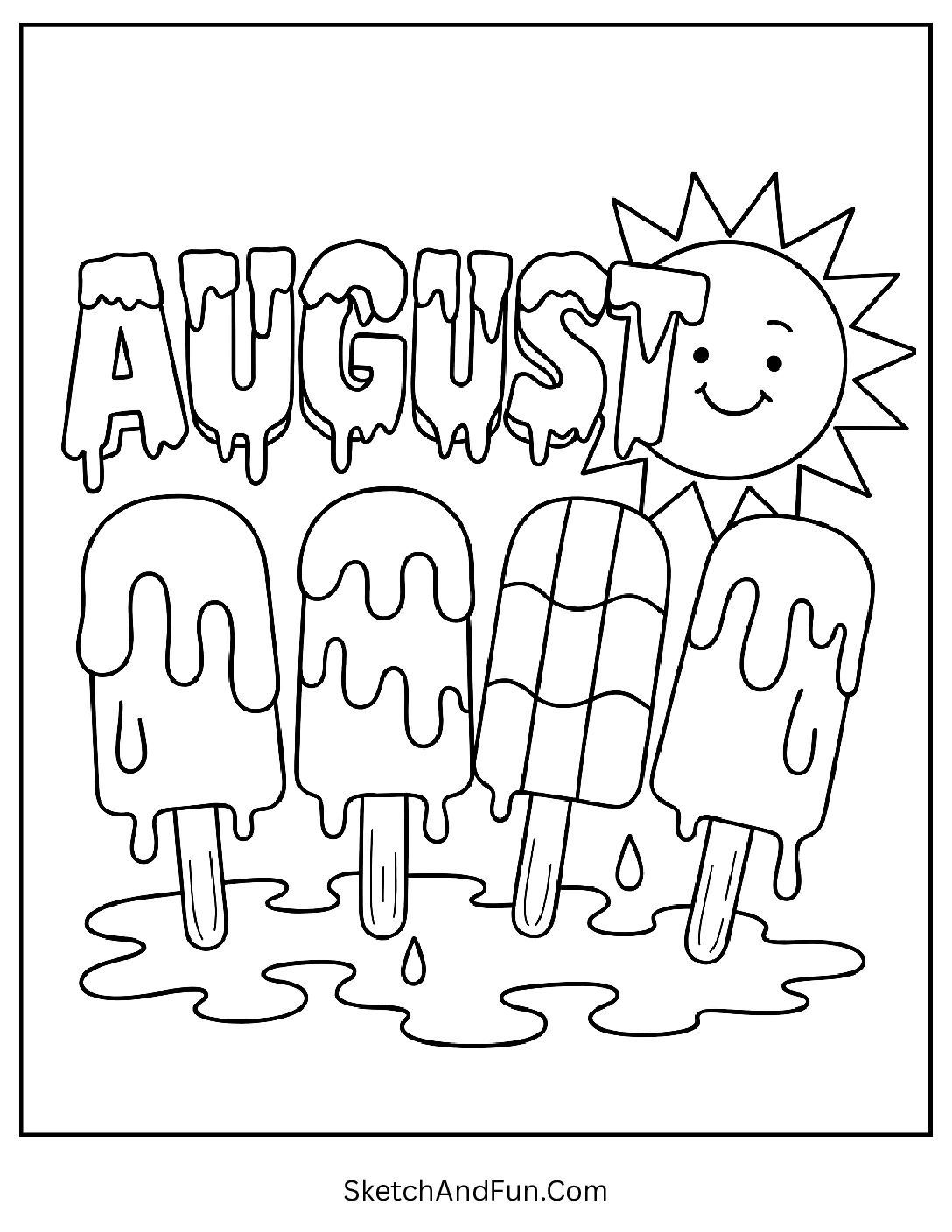 Colorful ice pops melting under sun with 'August' β summer dessert-themed coloring page for children