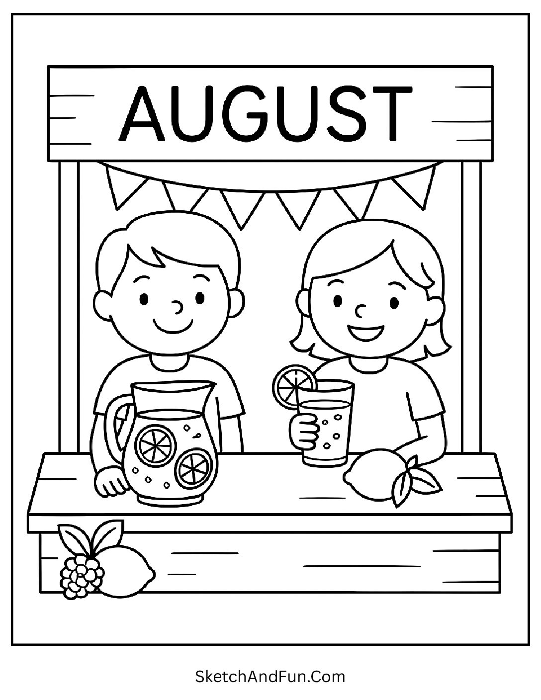 Lemonade stand with kids and 'August' on the sign β summer drink coloring page for August fun