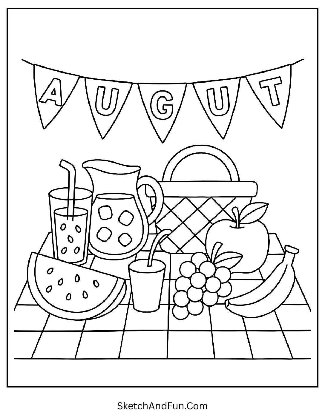 Picnic blanket scene with fruits and banner reading 'August' β outdoor summer coloring sheet for children