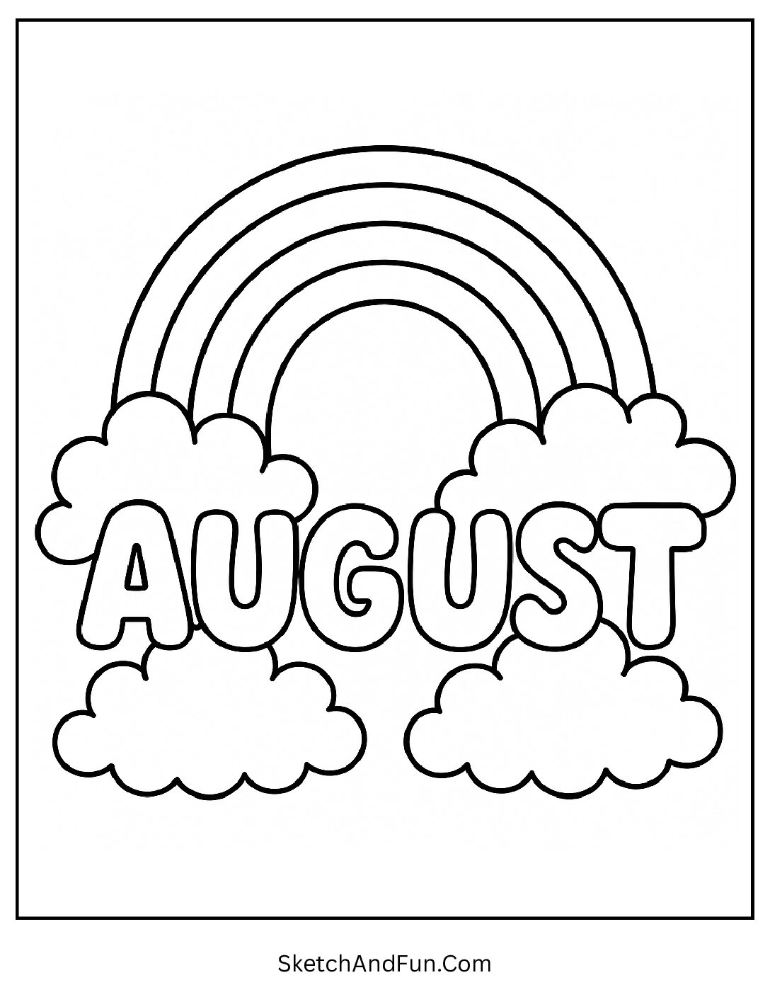 Rainbow stretching across sky with clouds and 'August' in bubble letters β weather-themed kids coloring page