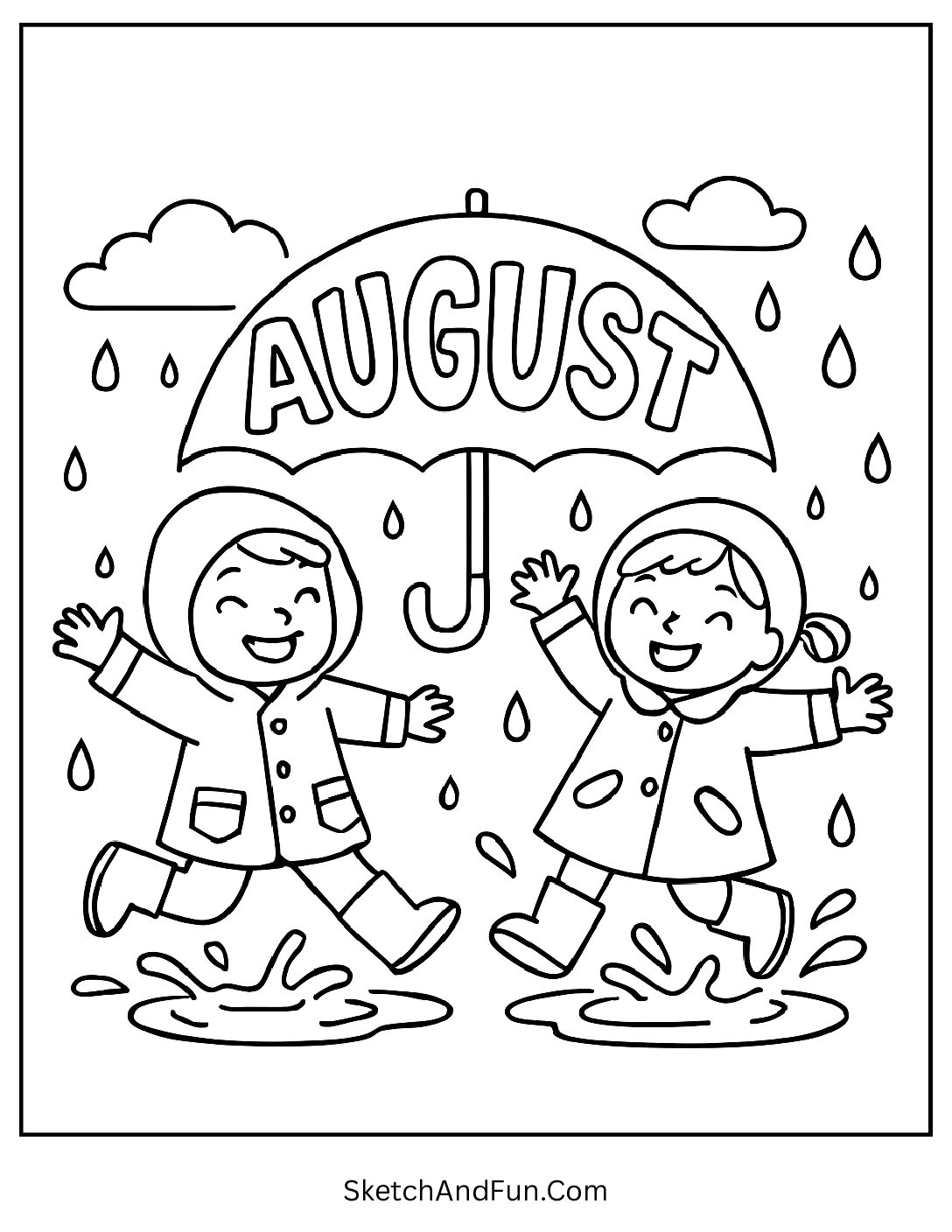 Rainy day with umbrellas and 'August' in raindrop letters β monsoon coloring activity for children