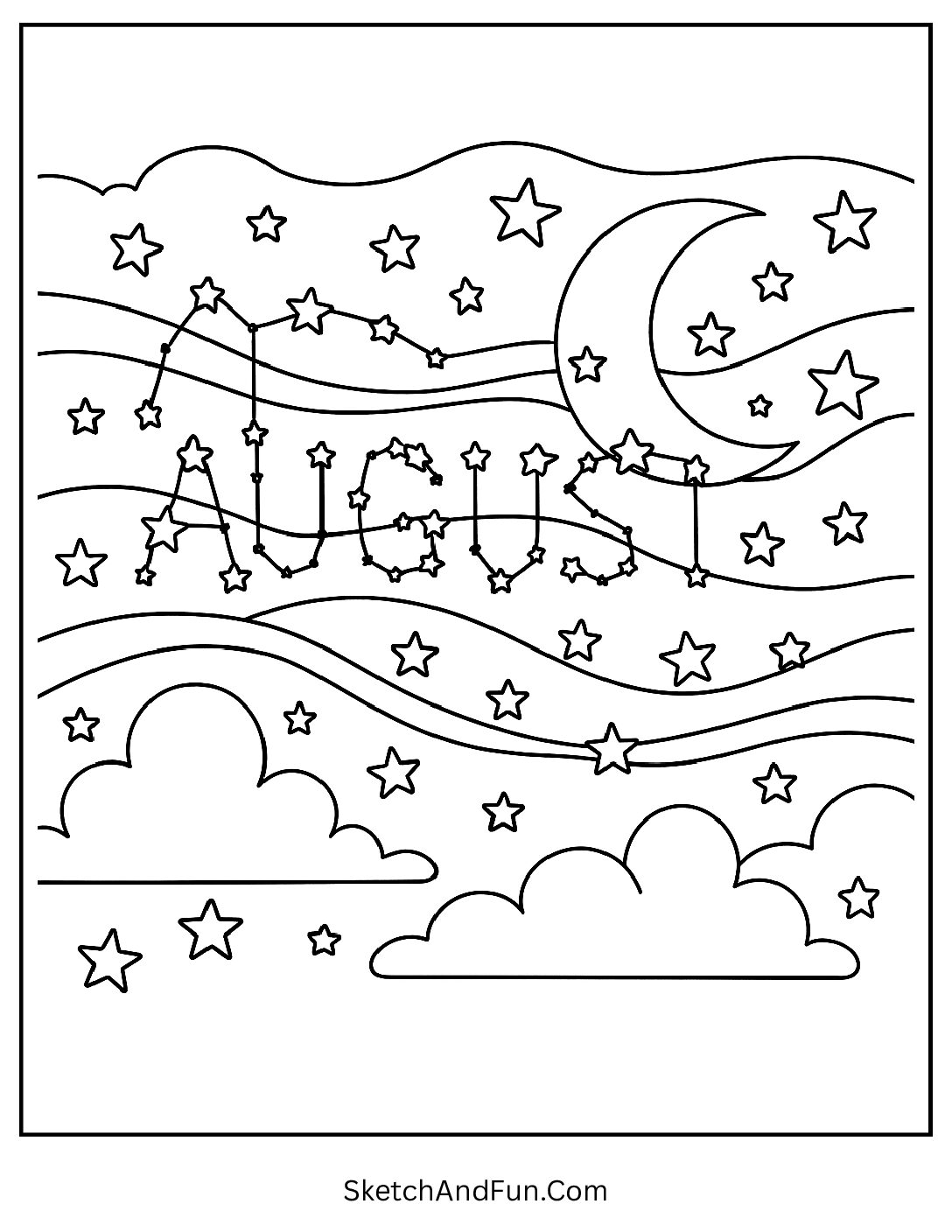 Starry night with moon and 'August' glowing in constellations β space-themed August coloring sheet
