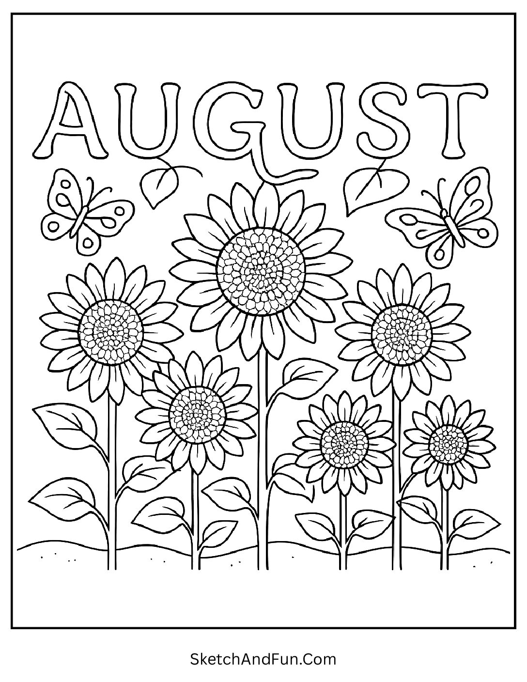 Sunflower garden with butterflies and 'August' in flower stems β detailed floral coloring page for children