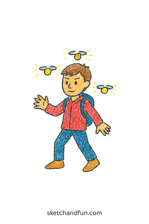 K-pop demon hunter boy with floating light drones โ tech-inspired idol character sketch