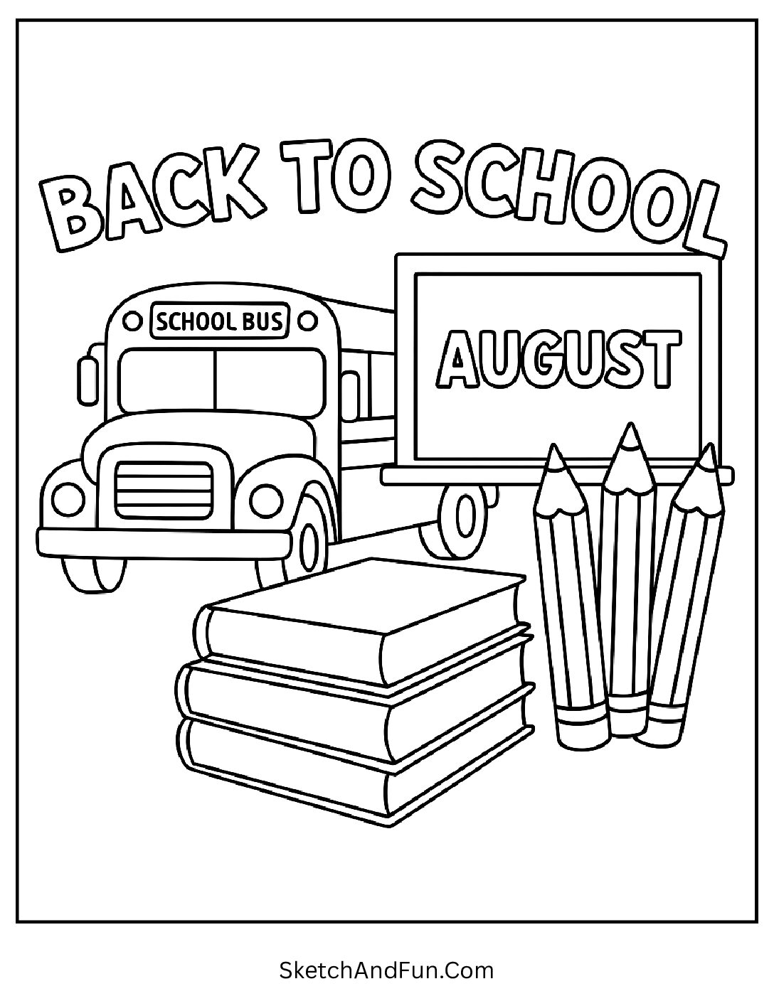 School bus, pencils, and chalkboard with 'August' β back to school coloring page for August learning fun
