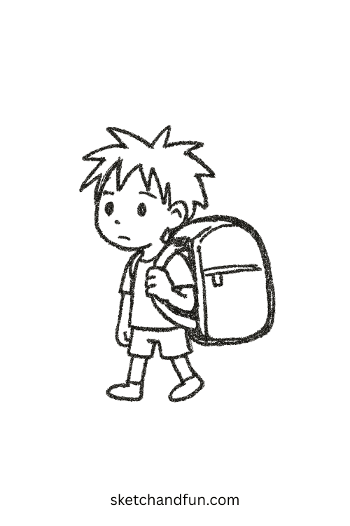 Chibi anime boy carrying a big backpack toddling forward, great for anime boy picnic scene inspiration.