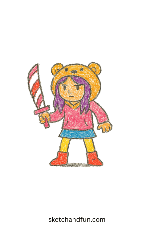 K-pop girl in bear hoodie wielding candy blade โ cute magical girl concept for drawing.