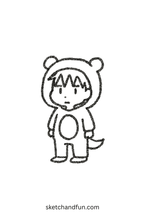 Chibi anime boy in a cozy bear onesie with round ears, a cute anime boy character drawing idea.