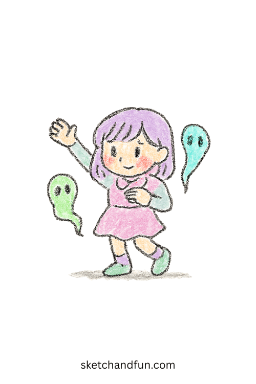 Shy K-pop dancer in pastels calming demons with graceful moves โ soft anime character sketch