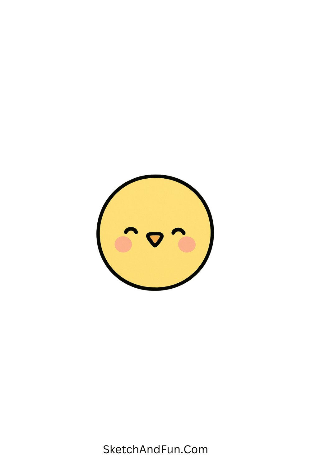Adorable cartoon doodle of a baby chick with a round body and pink blush, simple kawaii drawing.