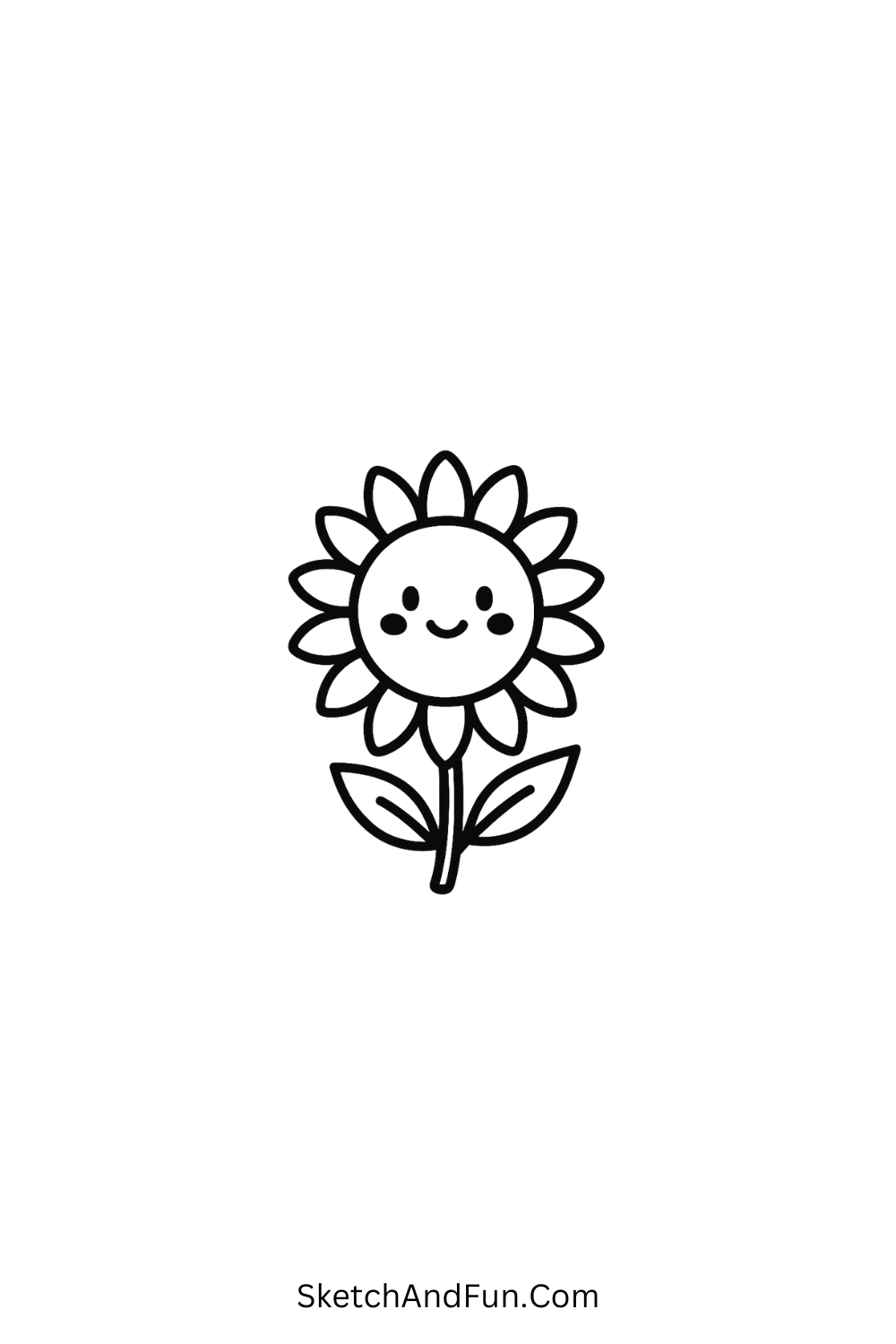 Cute cartoon doodle of a sunflower with a smiling face and blush, minimal floral kawaii drawing.