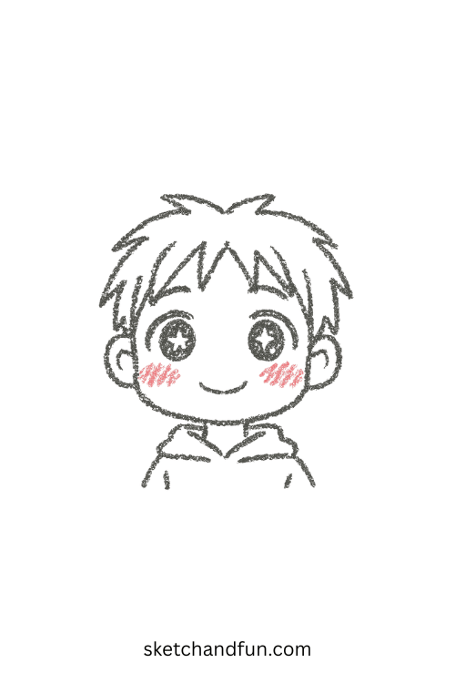 Close-up of a blushing anime boy face with sparkling eyes and pink cheeks, an easy anime boy drawing for beginners.