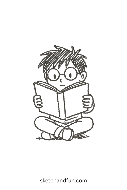 Chibi anime boy sitting cross-legged reading a big book, ideal for anime boy reading illustration practice.