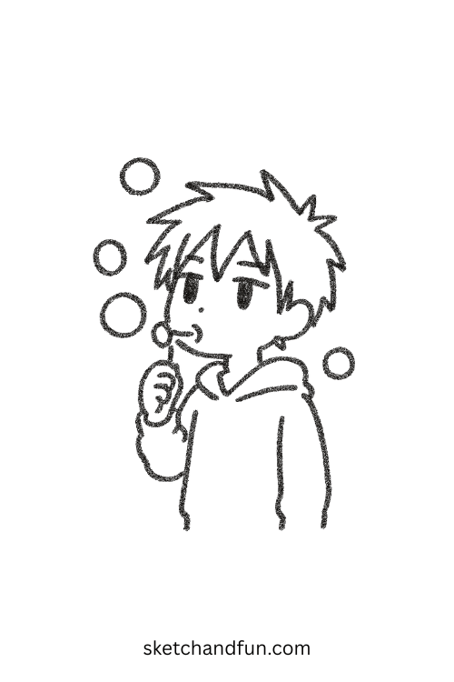 Chibi anime boy blowing soap bubbles that float around, perfect for anime boy drawing easy.
