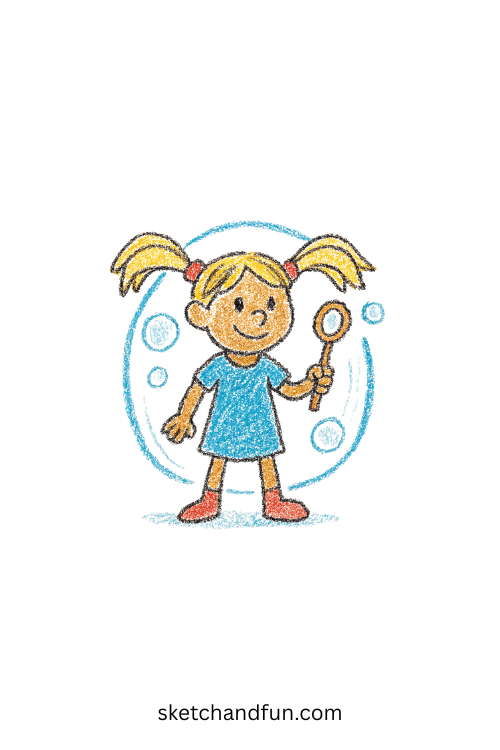 K-pop girl with bubbly pigtails using protective bubble wand โ whimsical character design