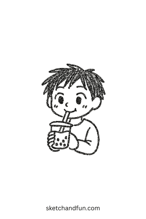 Chibi anime boy sipping bubble tea with happy eyes, ideal for bubble tea chibi boy drawing ideas.