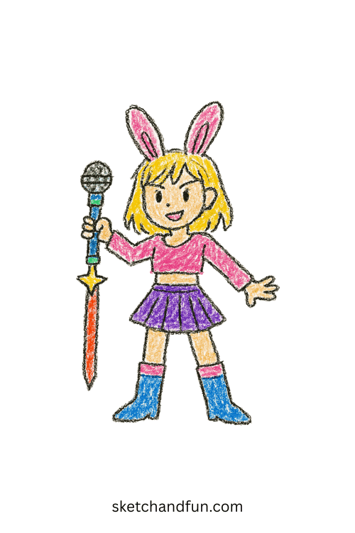 K-pop bunny idol hunter with magical microphone sword โ cute anime-style drawing idea.