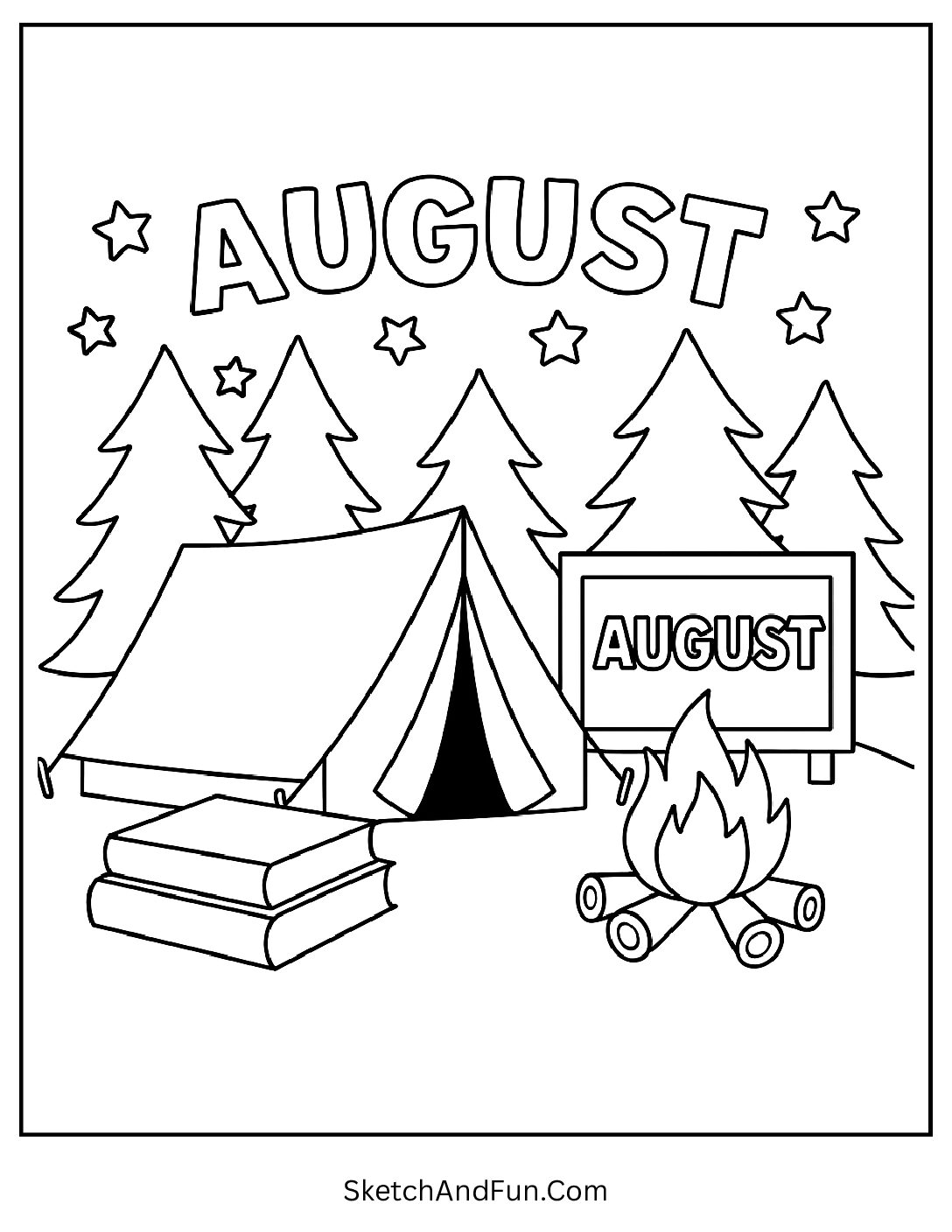 Tent and campfire with stars forming 'August' β adventurous August camping coloring page for kids