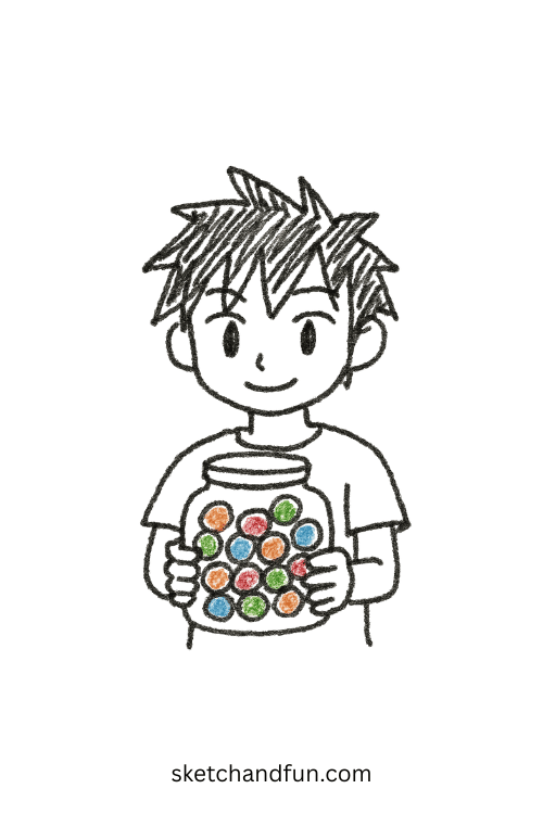 Chibi anime boy holding a candy jar full of colorful sweets, ideal for kawaii anime boy drawing practice.