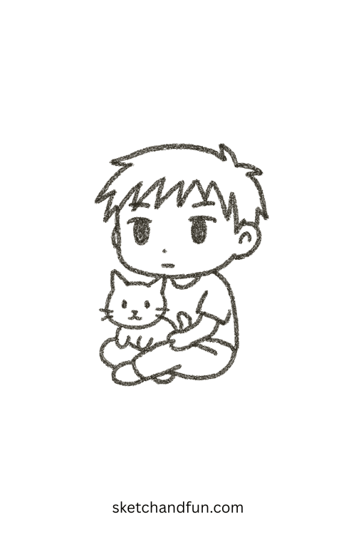 Chibi anime boy sitting with a sleeping cat in his lap, perfect for anime boy and cat duo drawings.