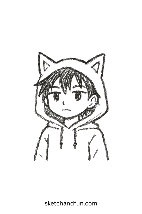Minimal chibi anime boy in a cozy cat-ear hoodie, ideal for kawaii anime boy drawing practice.