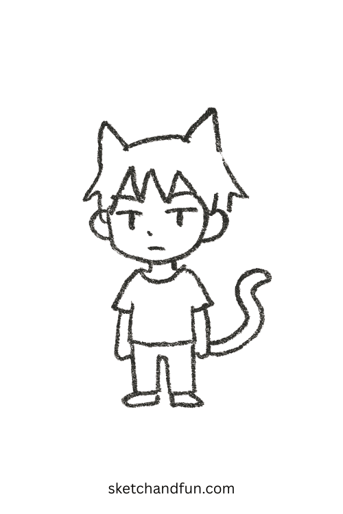 Chibi anime boy with swishy cat tail and cute ears, a fun anime boy with animal hood drawing reference.