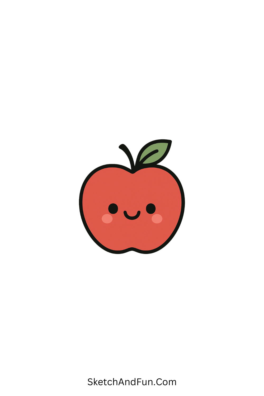 Cartoon doodle of a cheerful red apple with a kawaii face and green leaf, cute and easy doodle art.