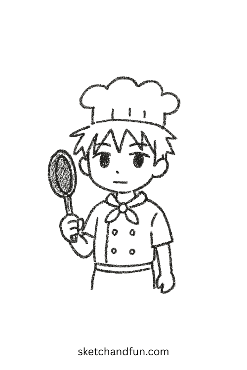 Anime chibi boy in chef hat holding a frying pan, ideal for anime boy cooking chibi drawing ideas.