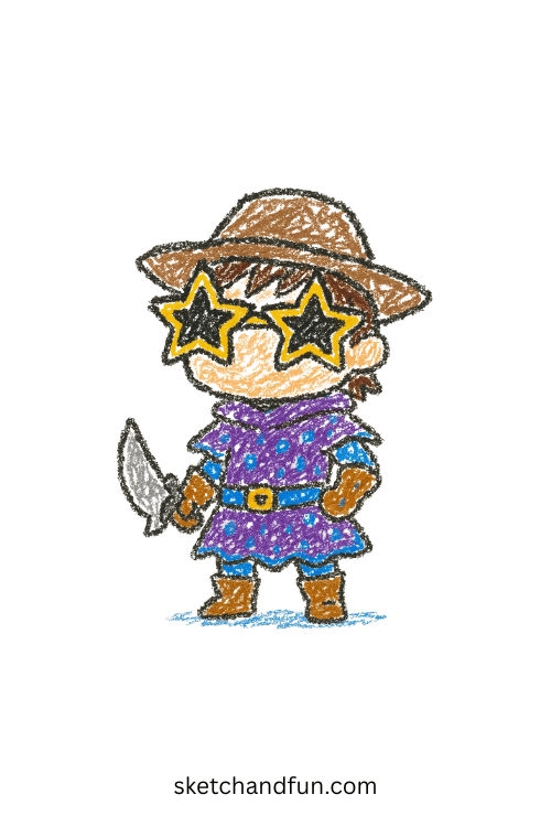 Chibi-style K-pop hunter in glitter outfit and oversized star glasses โ anime drawing idea