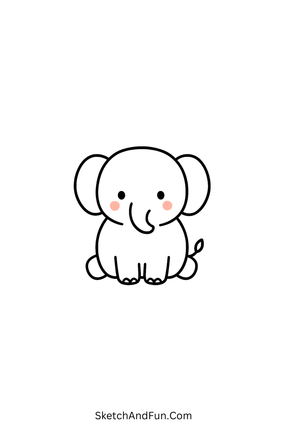 Cartoon doodle of a chubby baby elephant with a short trunk and blush, adorable animal kawaii art.
