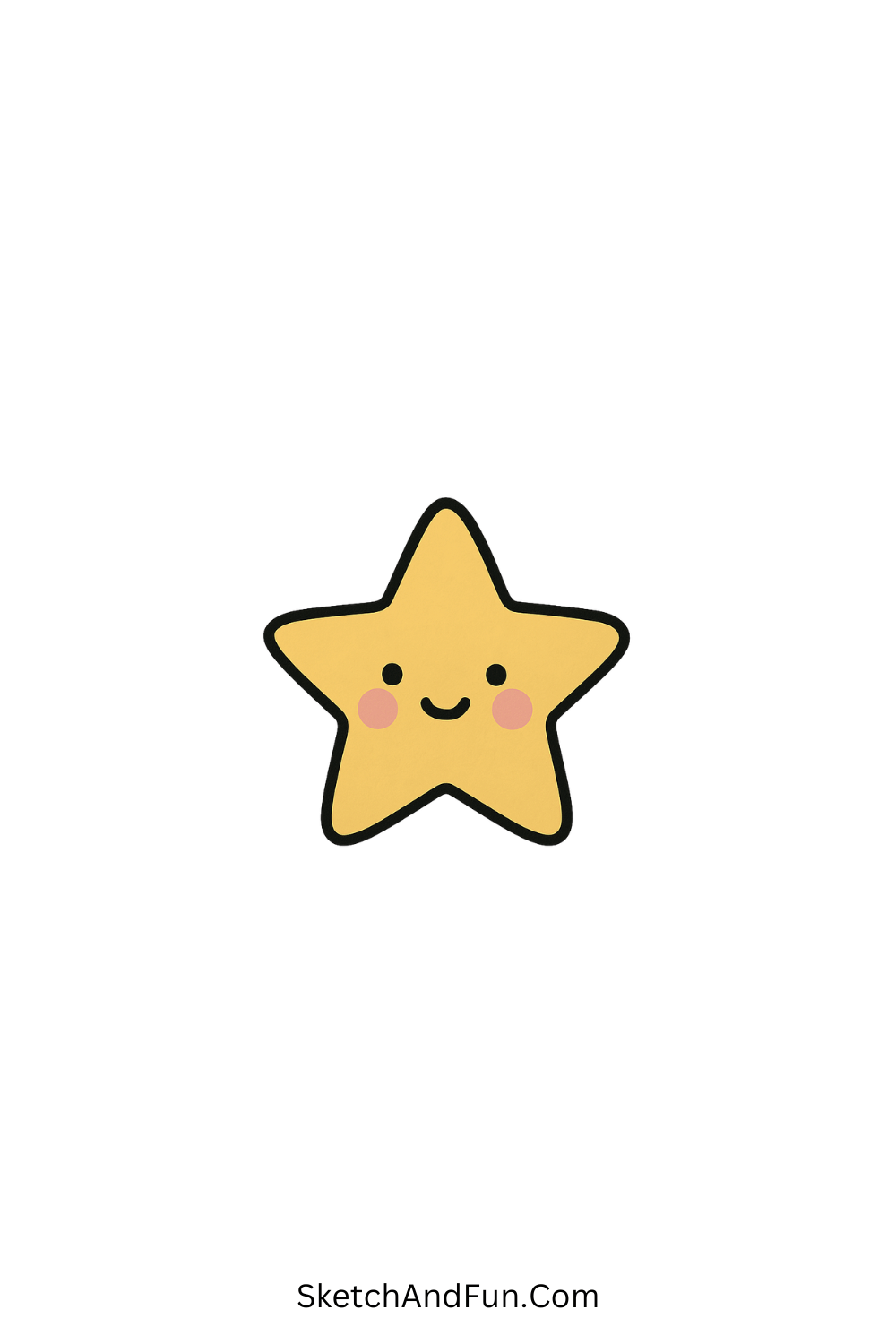 Minimal doodle of a chubby yellow star with pink cheeks, simple and cute cartoon drawing idea.