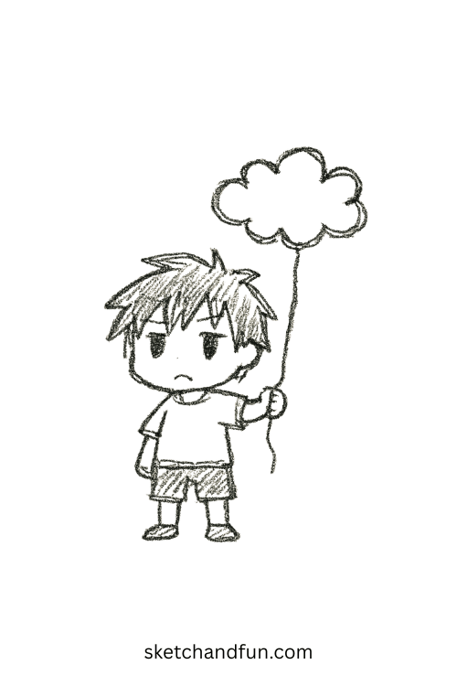 Minimalistic chibi anime boy holding a fluffy cloud-shaped balloon, great for anime boy fantasy vibe drawings.