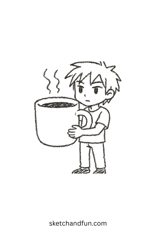 Chibi anime boy holding a giant coffee cup with sleepy eyes, a simple anime boy drawing concept for artists.