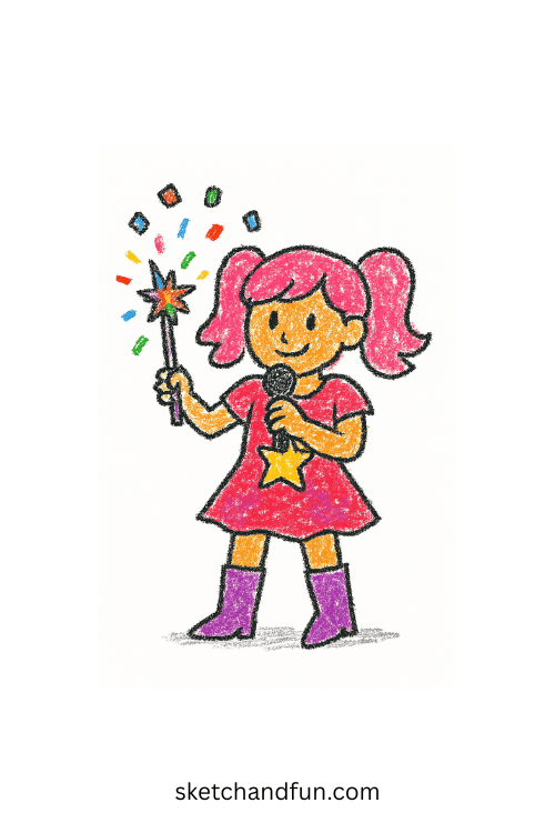K-pop popstar casting magic with colorful confetti wand โ cheerful anime-style drawing idea