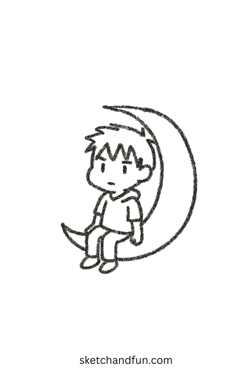 Chibi anime boy sitting on a glowing crescent moon holding stars, great for anime boy peaceful scene drawing.