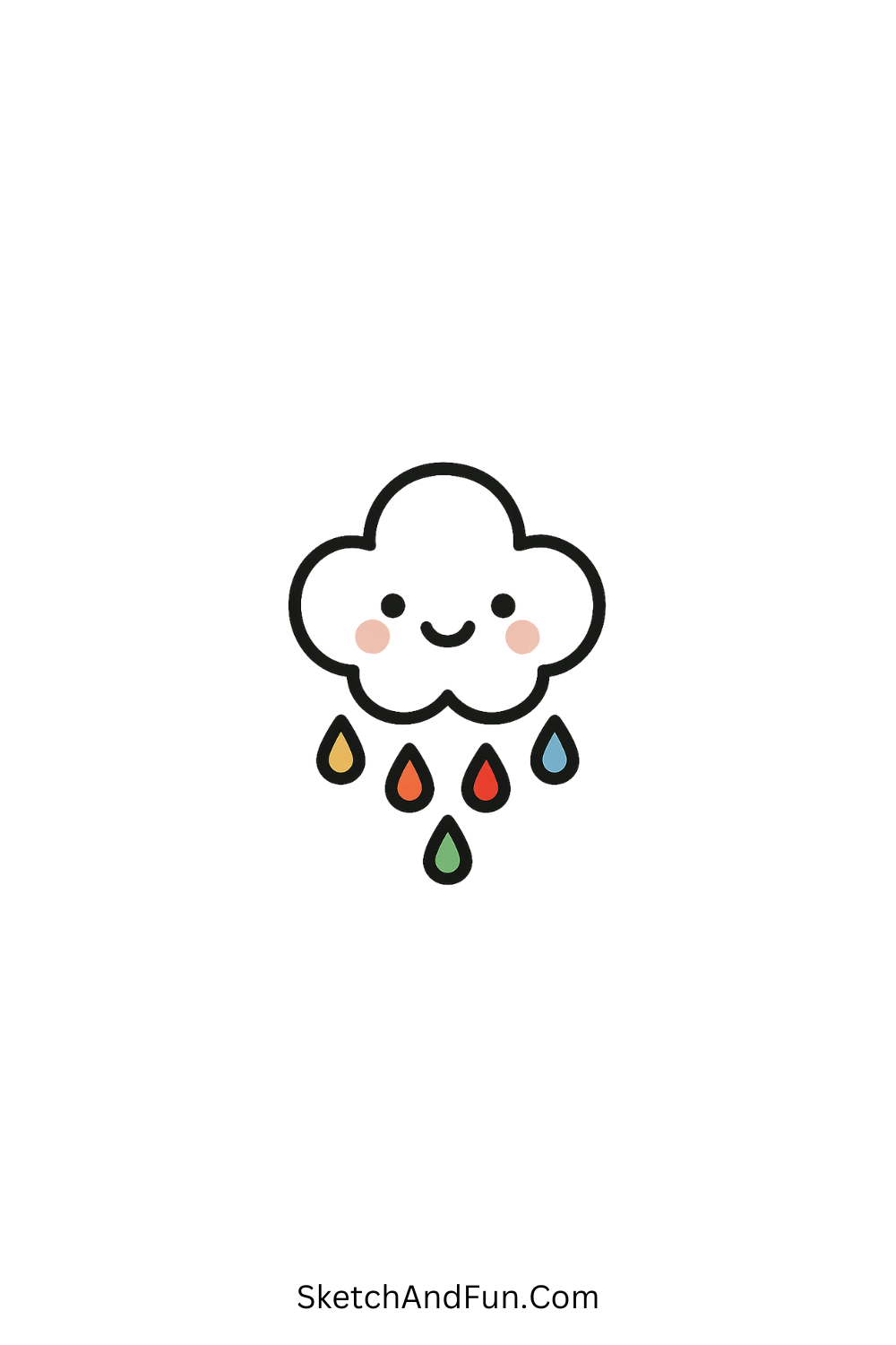 Cartoon doodle of a fluffy cloud dropping pastel-colored raindrops, cozy and cute doodle art.
