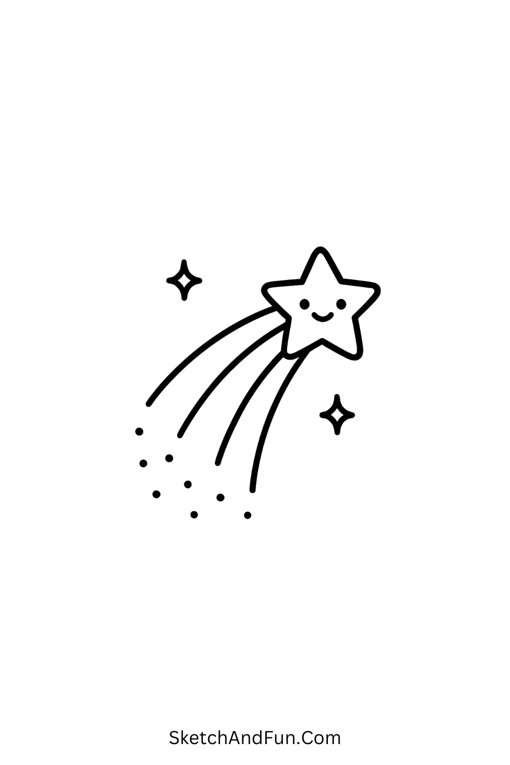 Cartoon doodle of a shooting star leaving sparkling trails, minimal and cute kawaii art design.