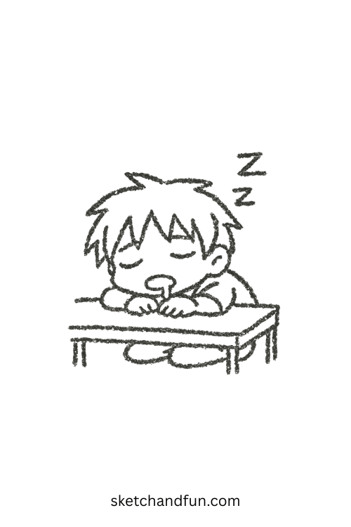 Chibi anime boy napping on his desk with drool, a relatable anime boy sleeping drawing reference.