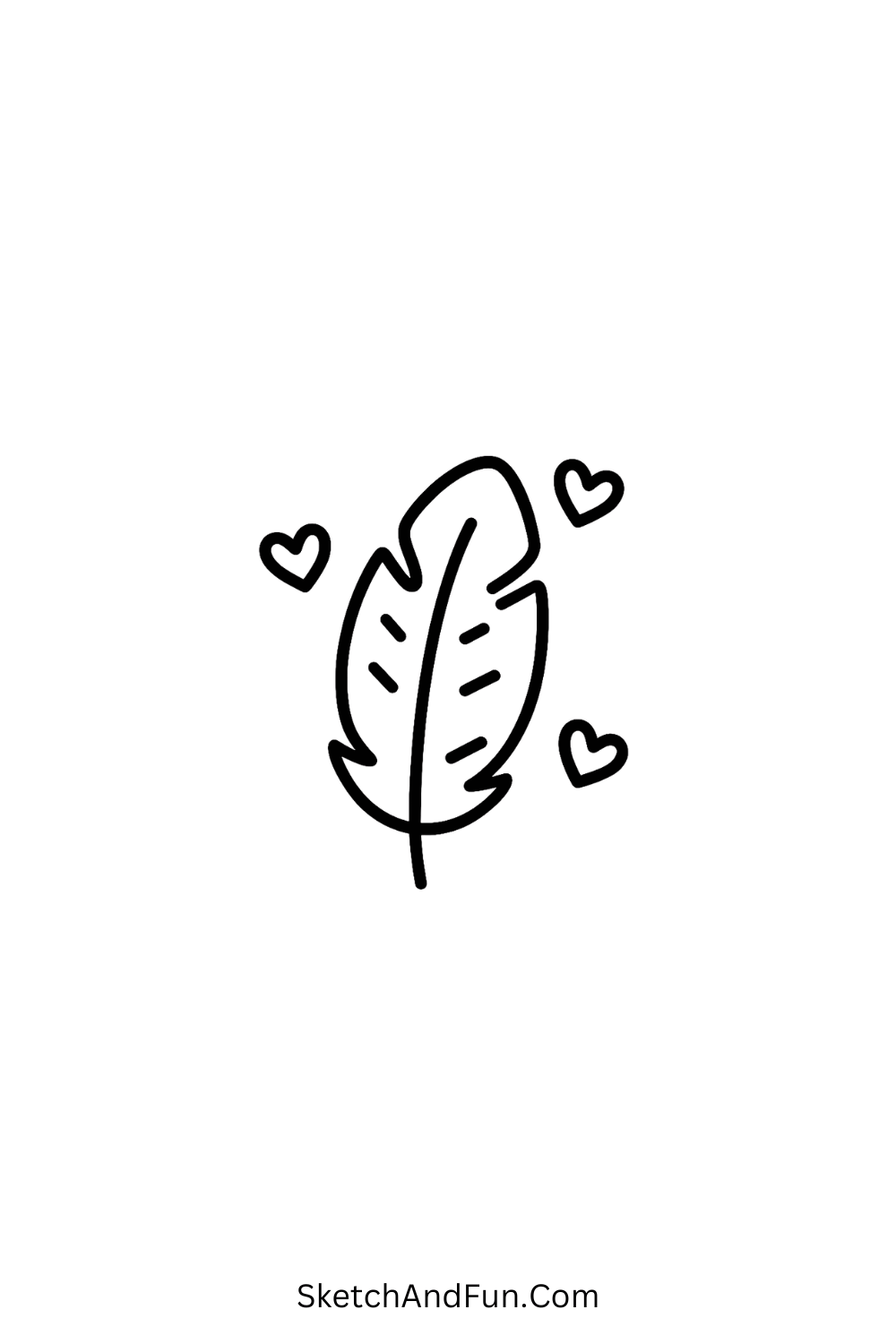 Cute minimal doodle of a feather surrounded by tiny hearts, soft and dreamy kawaii drawing.